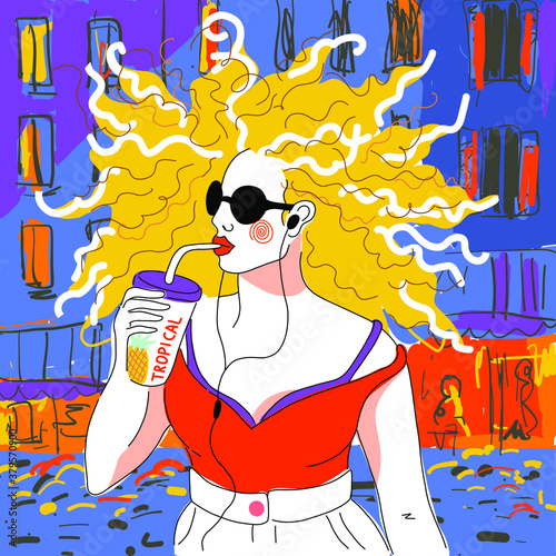 a young curly haired blond woman wearing black sun glasses and sexy outfit listens to music with earphones and drinks alcohol free cocktail with straw on a busy city street - flat vector illustration photo