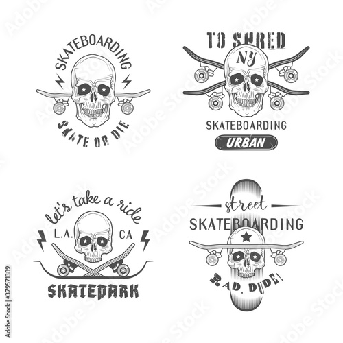 Set of skateboarding emblems with skull and skateboard. Print graphic and web design. Monochrome vector illustration.