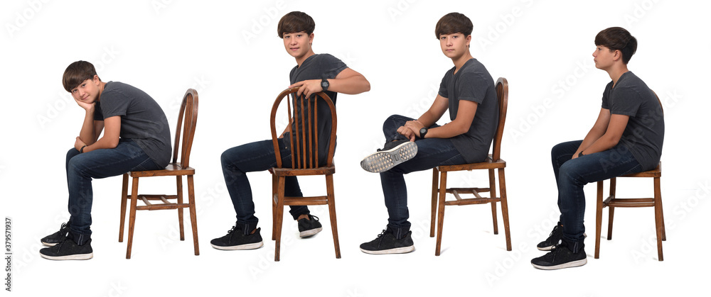 Fototapeta premium side view of group of same teenage boy sitting on white background,