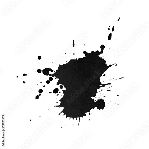 Black watercolor stain with drops  splashes  droplets