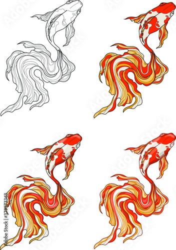 Realistic koi fish four different ways. Colorful vector illustration for games, background, pattern, decor. Print for fabrics and other surfaces. Coloring paper, page, story book