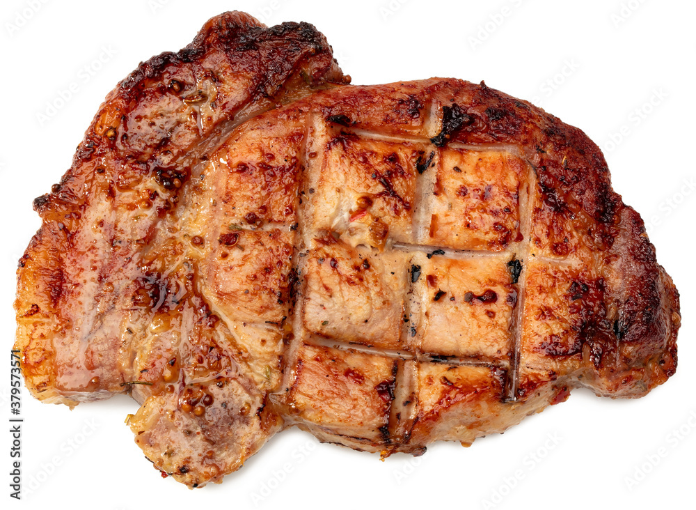 grilled pork meat isolated on white background. with clipping path. full depth of field.