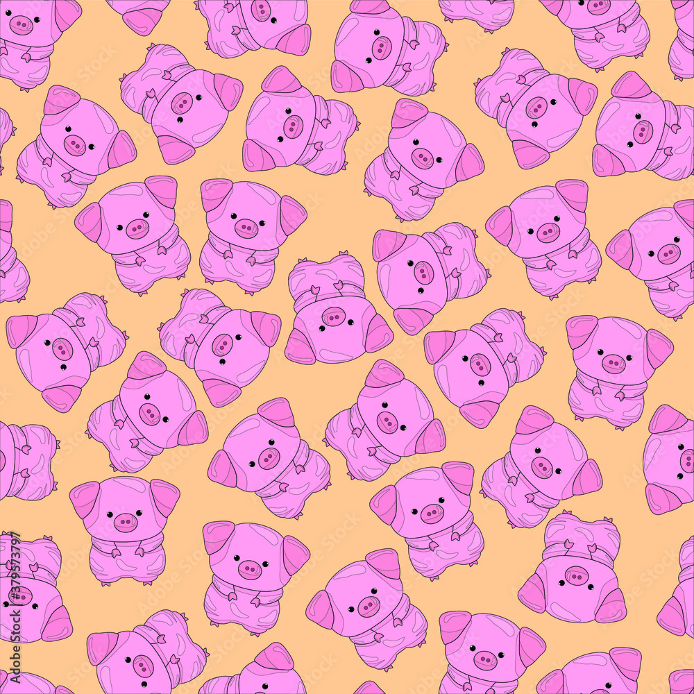 Cute pink pig on orange background seamless pattern. Vector illustration with outlines for games, background, pattern, decor. Print for fabrics and other surfaces.