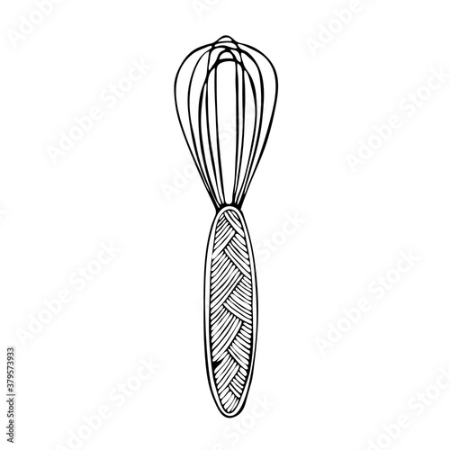 A stylized culinary whisk with a beautifully carved handle. Hand-drawn black and white graphic. Isolated on white background. Idea for a set, sticker.