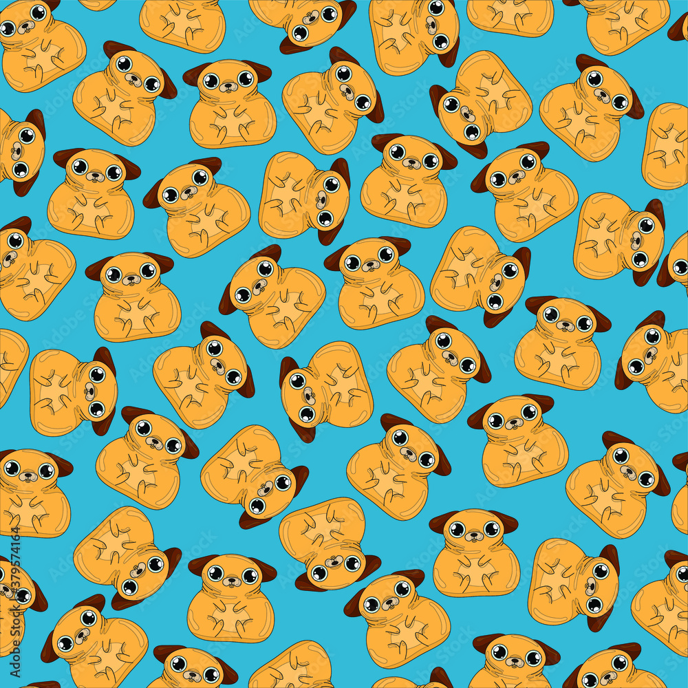 Cute cartoon pugs dog on blue background seamless pattern. Vector illustration with outlines for games, background, pattern, decor. Print for fabrics and other surfaces. Cute cartoon pugs dog on blue background seamless pattern. Vector illustration with outlines for games, background, pattern, decor. Print for fabrics and other surfaces.
