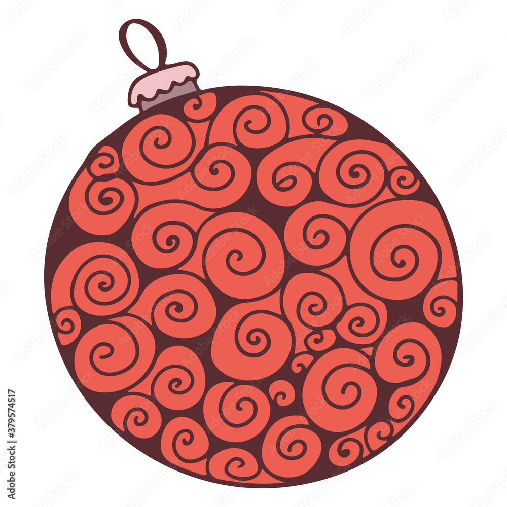 Red decorative Christmas toy. Hand drawn round Christmas ball. Isolated on white background. Design for Merry Christmas and New Year cards, posters. Winter doodle, cartoon. Flat scandinavian style. Red decorative Christmas toy. Hand drawn round Christmas ball. Isolated on white background. Design for Merry Christmas and New Year cards, posters. Winter doodle, cartoon. Flat scandinavian style.