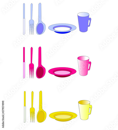 vector illustration of tableware items, knives, forks, spoons, plates, cups.