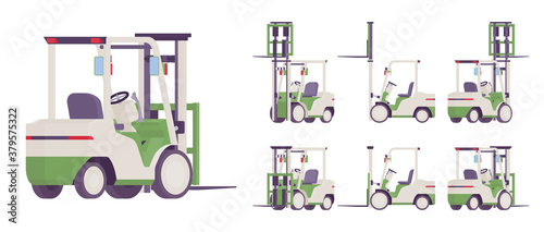 Forklift truck, professional vehicle, pallet for lifting, carrying heavy loads. Business transport to load, unload cargo in warehouse logistics. Vector flat style cartoon illustration, different views