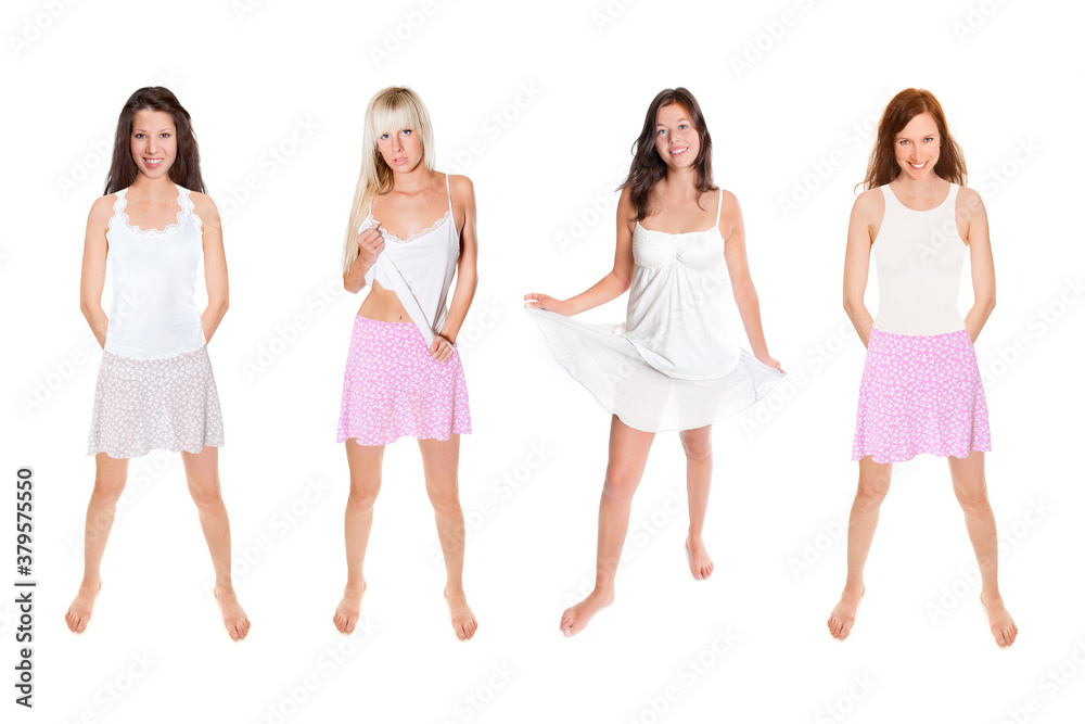 Full length portraits of four beautiful young women wearing white tops and short summer skirts, isolated on white studio background Full length portraits of four beautiful young women wearing white tops and short summer skirts, isolated on white studio background