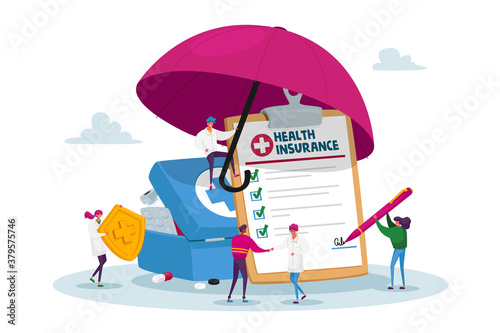 Tiny Characters under Huge Umbrella Fill Policy Document, Doctor Holding Golden Shield People Signing Health Insurance