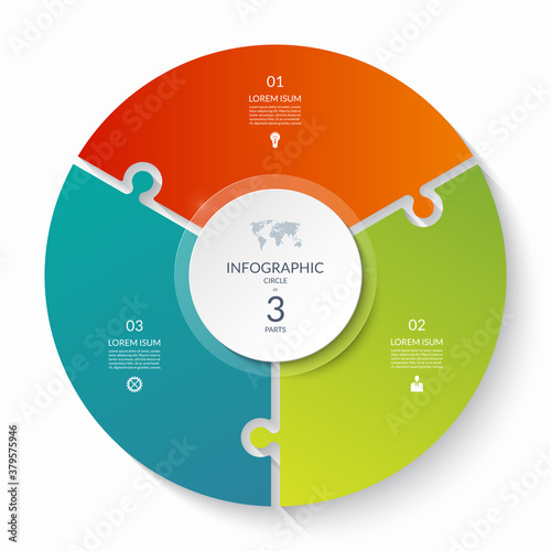 Puzzle infographic circle with 3 steps, options, pieces. Three-part cycle chart. Can be used for diagram, graph, report, presentation, web design.
