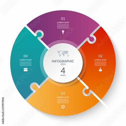 Puzzle infographic circle with 4 steps, options, pieces. Four-part cycle chart. Can be used for diagram, graph, report, presentation, web design.