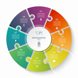 Puzzle infographic circle with 8 steps, options, pieces. Eight-part cycle chart. Can be used for diagram, graph, report, presentation, web design.