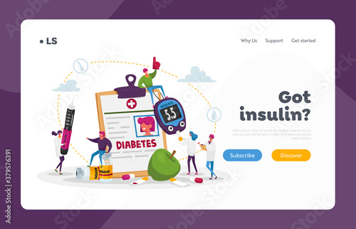 Diabetes Disease, High Sugar Level in Blood Landing Page Template. Tiny Characters with Glucose Meter and Insulin Pen