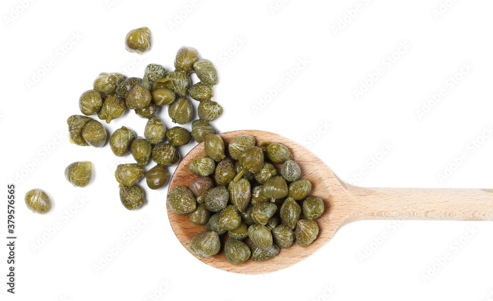 Capers in wooden spoon, edible flower buds isolated on white background, top view Capers in wooden spoon, edible flower buds isolated on white background, top view