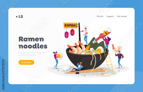 Asian Food Landing Page Template. Tiny Characters Cooking and Eating Ramen or Pasta, People Put Condiments in Huge Bowl