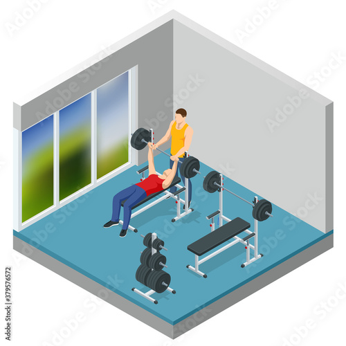 Isometric Man In Gym Exercising On The Bench Press. Sports and healthy lifestyle