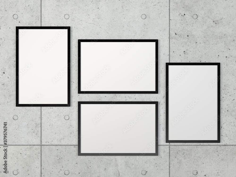 Set of 4, 2 horizontal and 2 vertical black frames hang on concrete wall. Mock-up and Template for art, design, photography, illustration and painting.