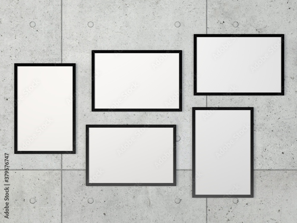 Set of 5, 3 horizontal and 2 vertical black frames hang on concrete wall. Mock-up and Template for art, design, photography, illustration and painting. Set of 5, 3 horizontal and 2 vertical black frames hang on concrete wall. Mock-up and Template for art, design, photography, illustration and painting.