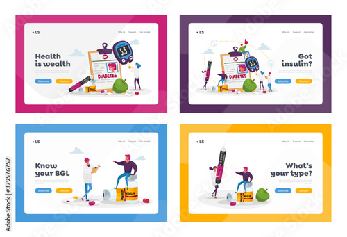 Diabetes Disease, High Sugar Level in Blood Landing Page Template Set. Characters with Glucose Meter, Mallitus Illness