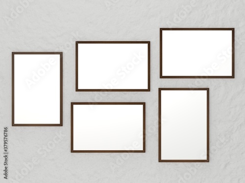 set of 5, 3 horizontal and 2 vertical wooden frames hang on gray wallpaper. Mock-up and Template for art, design, photography, illustration and painting. Interior, Gallery, museum and exhibition.