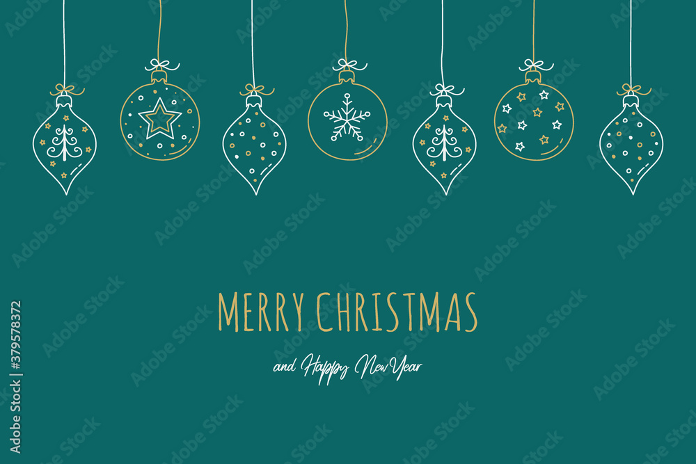 Xmas greeting card. Concept of hanging Christmas balls with hand drawn ornaments. Vector