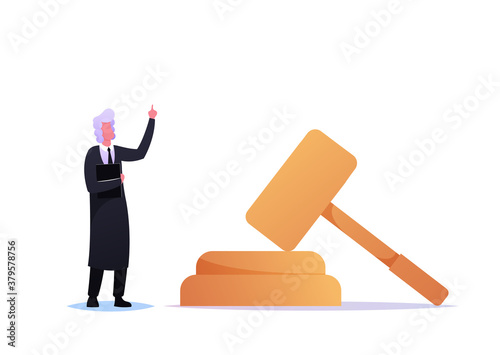 Tribunal or Justice Concept, Grey Haired Judge Character Wear Black Gown Stand at Huge Gavel. Attorney Lawyer in Court