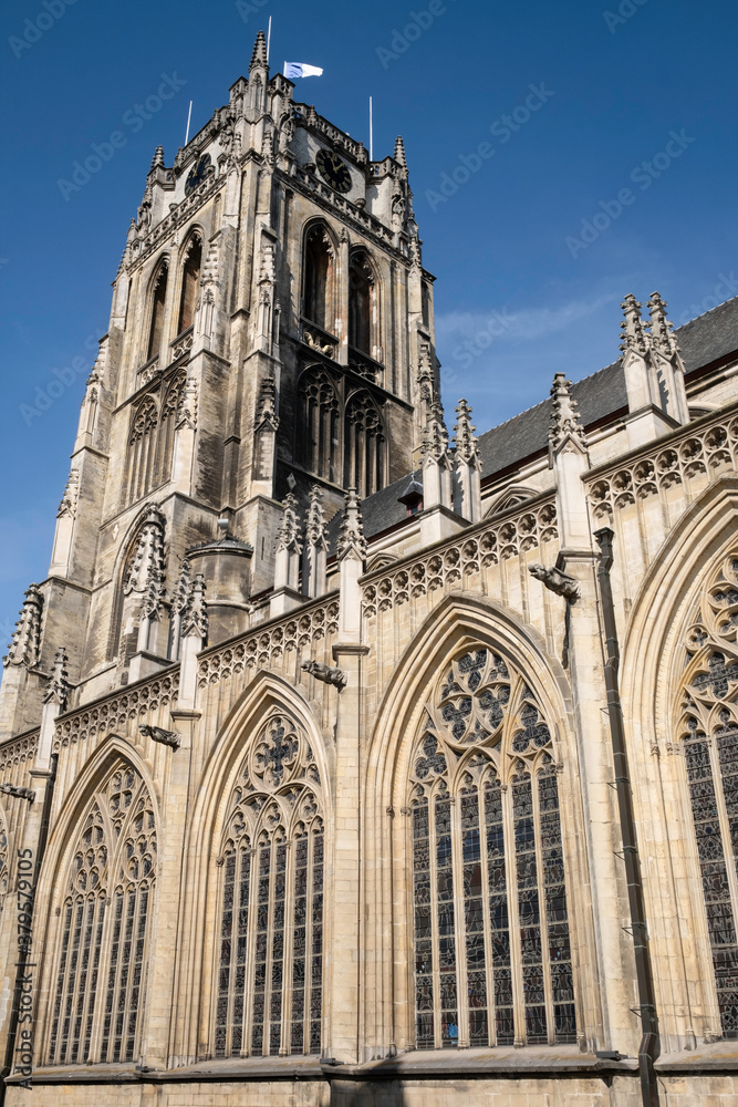 Tower of gothic church Basilica of Our Lady or Onze-Lieve-Vrouwe Basiliek built in 13th-14th century in Tongeren, Belgium