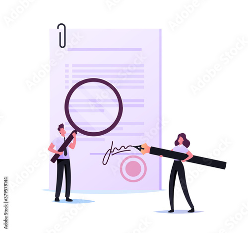 Tiny Woman Notary or Lawyer Signing Document with Huge Pen. Man with Magnifier Learn Initials. Signature Authenticity
