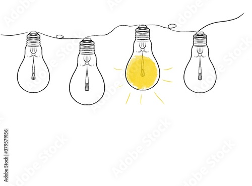 Garland with three switch off and one switch on bulb lamps isolated on white, concept picture, illustration