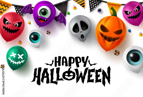 Happy halloween background vector banner design. Happy halloween text with colorful balloons element in scary face like pumpkin, eyeball, bat, and devil characters for halloween party design.