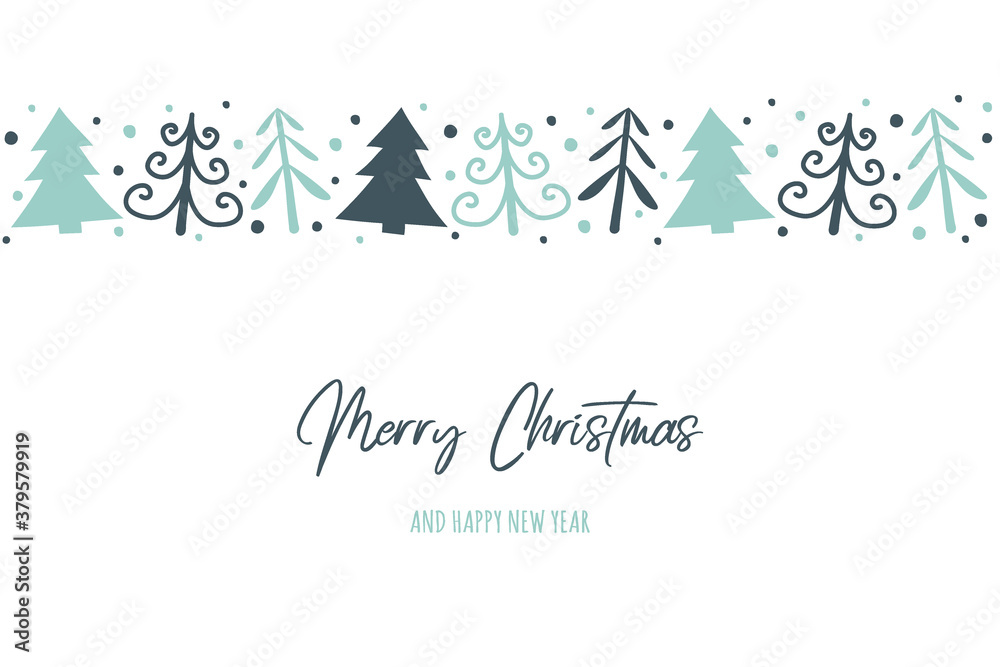 Christmas card with hand drawn trees and wishes. Vector