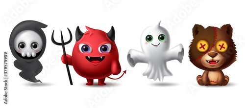 Halloween characters vector set. Halloween horror scary character like grim reaper, demon, ghost and bear isolated in white background for trick or treat 3d collection design. Vector illustration
