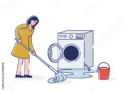 Broken washing machine flowed and woman housewife cleaning water from floor