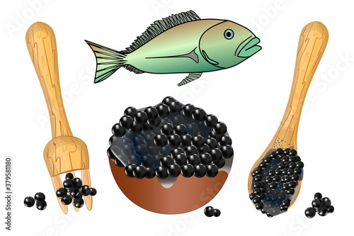 Caviar set isolated on white background. Bowl, fork, spoon with black caviar and fish. Salty food, eating appetizer and meal luxury tasty ingredient. Store or restaurant icon.Stock vector illustration