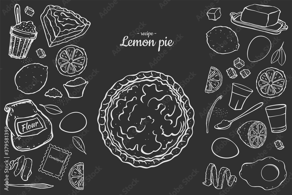Illustration fresh sweet lemon pie isolated on black chalk board recipe for cafe menu