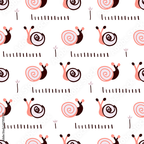 Simple seamless vector pattern with snails. Childish cartoon endless illustration with escargot on white background