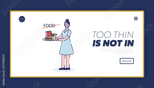 Dieting and stomach health concept of landing page template with woman and fast food
