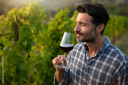 Authentic shot of happy successful male winemaker is tasting a flavor and checking red wine quality poured in transparent glass on vineyards background at sunset.