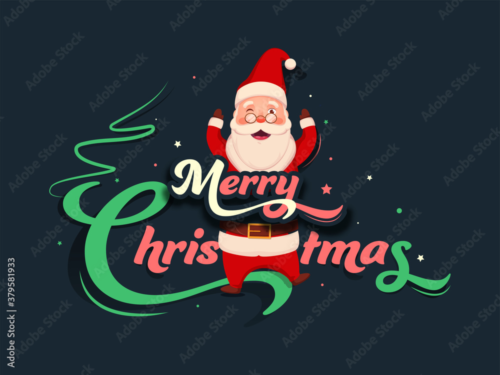 Paper Cut Merry Christmas Font with Cartoon Santa Claus Winking on Teal Blue Background. Paper Cut Merry Christmas Font with Cartoon Santa Claus Winking on Teal Blue Background.