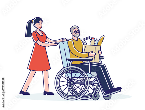 Social worker helping old man on wheelchair with grocery shopping. Female volunteer with senior male