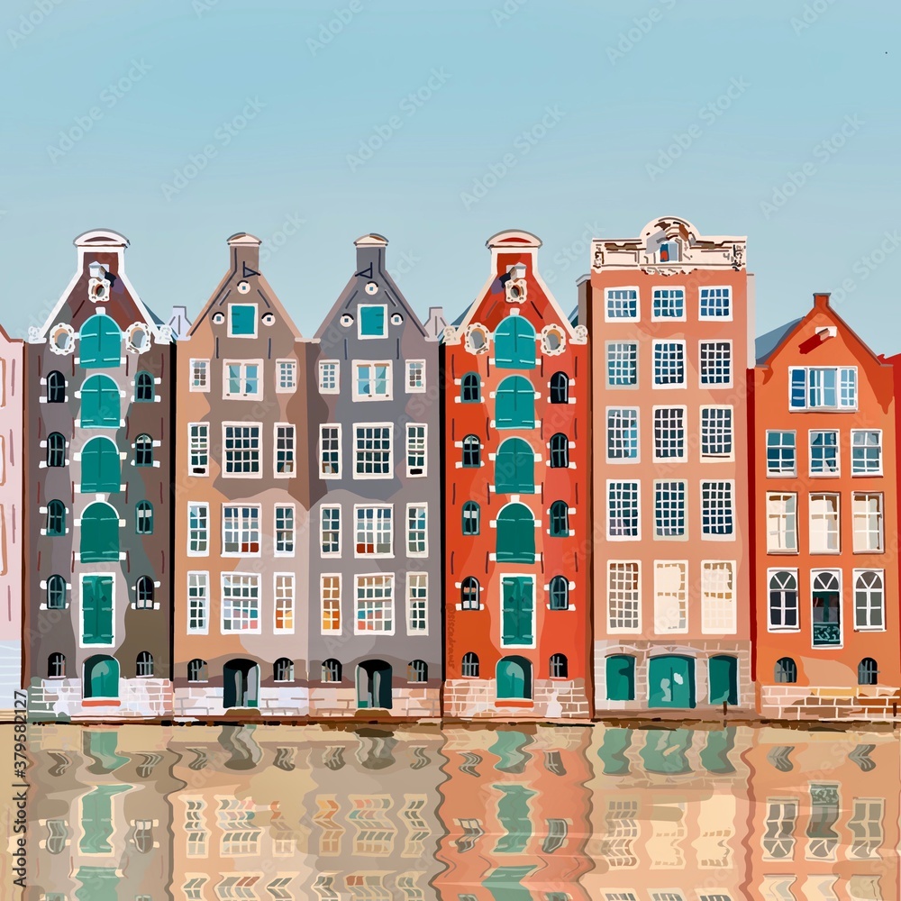 Digital art of Amsterdam buildings - perfect for background. Poster. Greeting cards. Birthday. Wall art