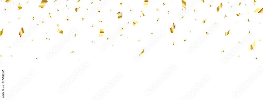 Golden confetti long banner. Celebration background with gold confetti. Shiny party card. Bright festive tinsel. Luxury glitter holiday design elements. Vector illustration Golden confetti long banner. Celebration background with gold confetti. Shiny party card. Bright festive tinsel. Luxury glitter holiday design elements. Vector illustration