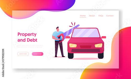 Property Division in Divorce Process.Landing Page Template. Character Sawing Automobile with Huge Saw. Marriage Contract
