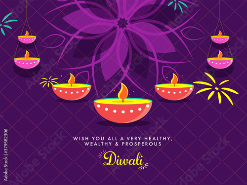 Diwali Wishing Card Design with Lit Oil Lamps (Diya) Decorated on Purple Rhombus Background.
