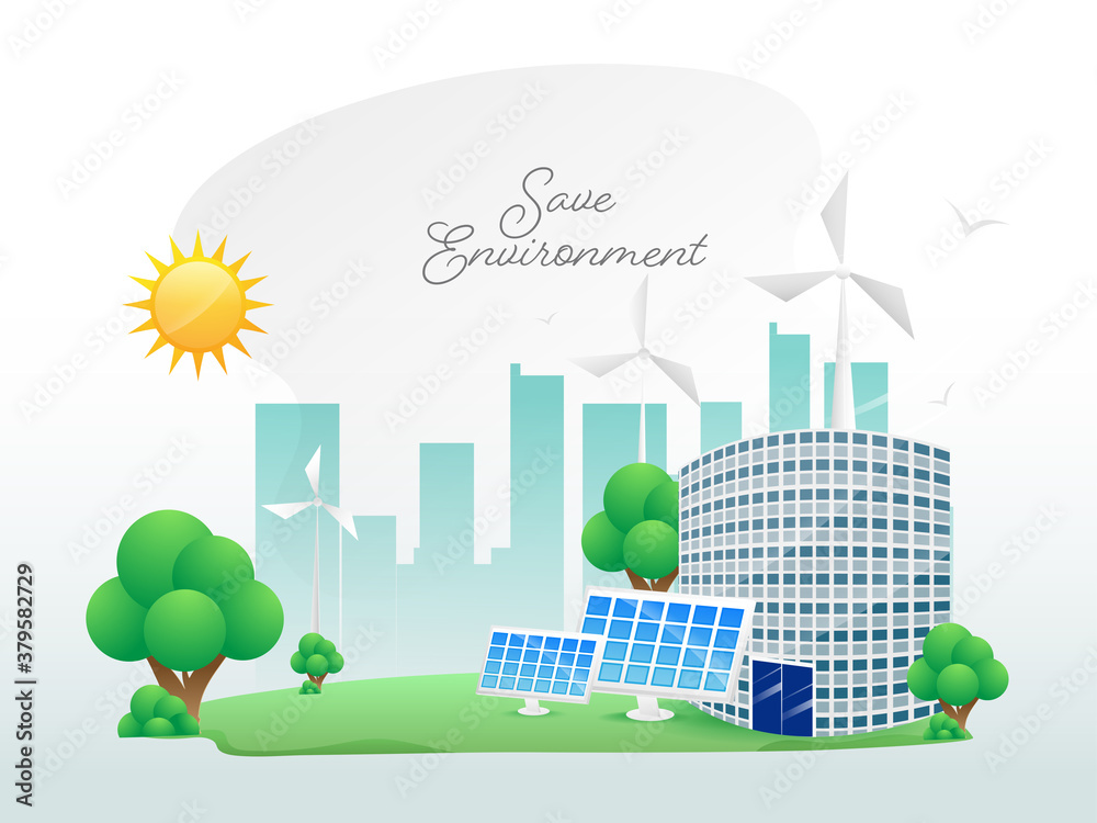 Illustration of Urban Building with Solar Panels, Windmills and Green Trees on Sun Background for Save Environment Concept.