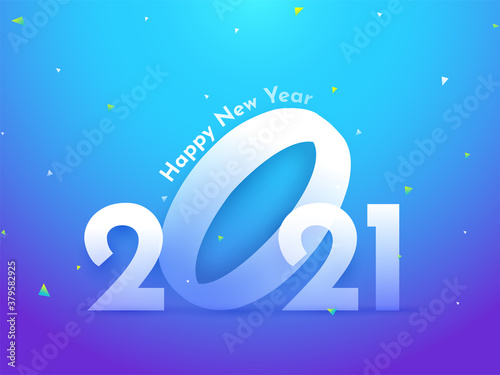 2021 Happy New Year Text with Confetti Decorated on Gradient Blue and Purple Background