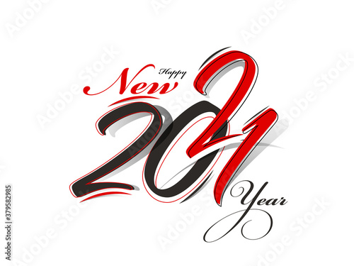 2021 Happy New Year Font in Red and Black Color on White Background.