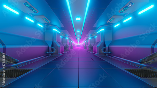 Fototapeta Naklejka Na Ścianę i Meble -  Realistic spaceship sci-fi corridor background, 3D render.