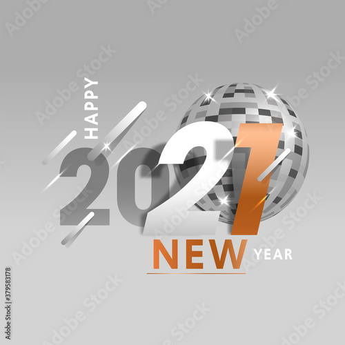 2021 Happy New Year Text with Realistic Disco Ball on Grey Background.